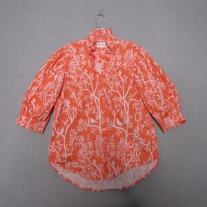 Holly Shae Top S/M Orange Bird Ruffle Neck Cotton Coastal Puff Sleeve Preppy